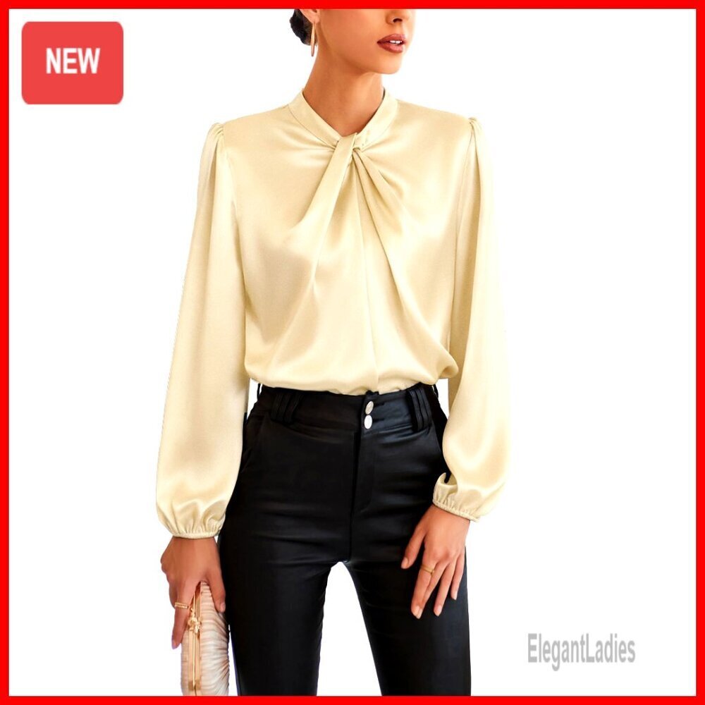 Long Sleeve Satin Blouse Mock Neck Work Shirt Business Casual Office Top